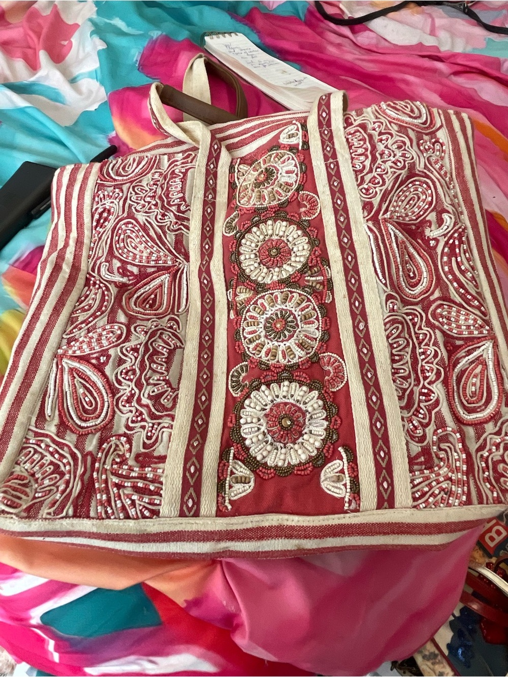 Chico's Pink and Cream Embroidered Shoulder Bag